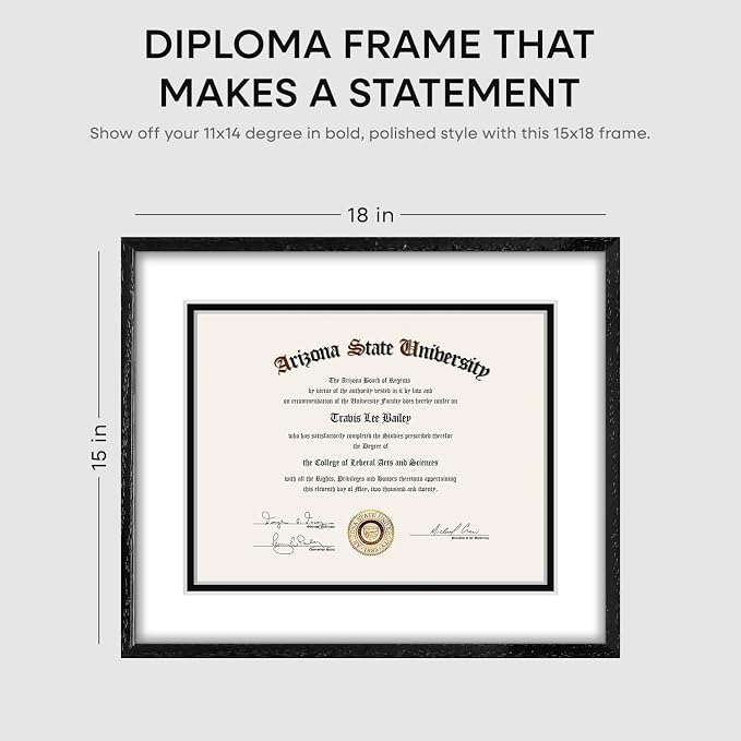 Homeforia 15x18 Diploma Black Wood Frame, High End Black Oak 15 x 18 Certificate Frames with Mat 11 x 14, 18x15 Document Frame Matted to 11x14, Degree Wooden Frames, Tempered Glass, Wall Kit, Set of 3
