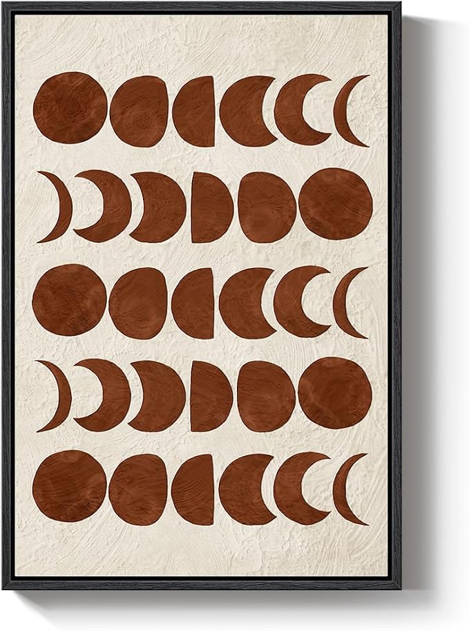 Framed Mid Century Modern Moon Phase Wall Art for Living Room, Neutral Brown Beige Boho Geometric Print Canvas Artwork for Walls, Vertical Pictures Wall Decor for Bedroom Home Office Hallway, 24x36 In
