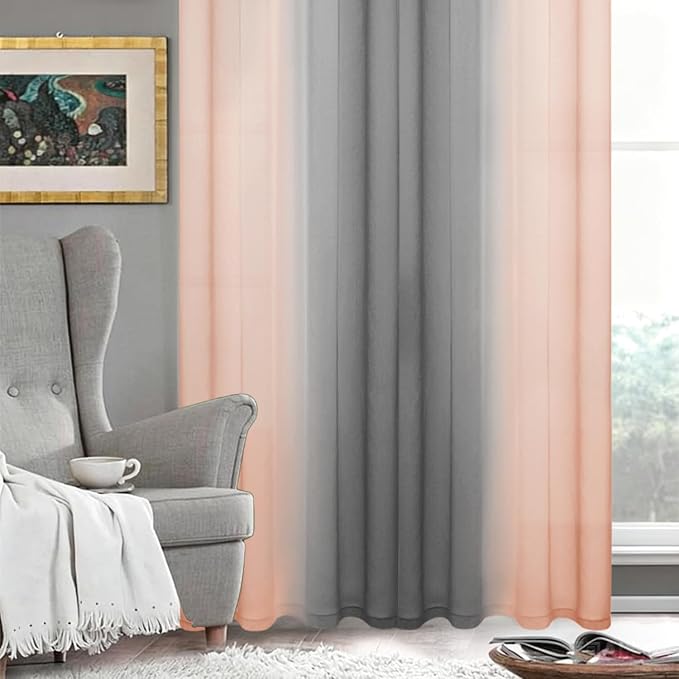 DWCN Ombre Sheer Curtains - Faux Linen Semi Voile Grommet Top Gradient Curtains for Bedroom and Living Room, Set of 2 Window Curtain Panels, 52 x 84 Inch Length(Grey and Pink