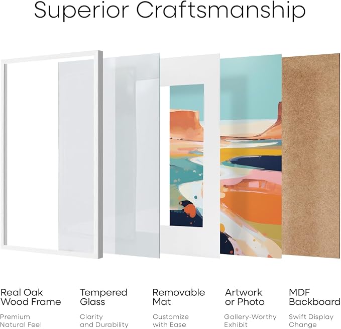 Homeforia 18 x 24 Poster Frame White, High End Oak 18x24 White Wood Picture Frame with Mat 16x20 Photo, 18 x 24 Wooden Frame Matted to 16 x 20, 24x18 Hanging Frames, Tempered Glass, Wall Kit, Set of 3