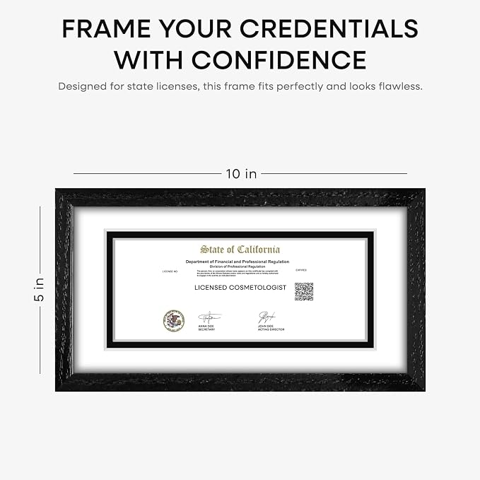 Homeforia 5x10 Business License Frame Black, High End Oak 5 x 10 Black Wood Document Certificate Frame with Mat 4x9, 10x5 Wooden Picture Frames for Wall or Tabletop, Tempered Glass, Wall Kit, Set of 3