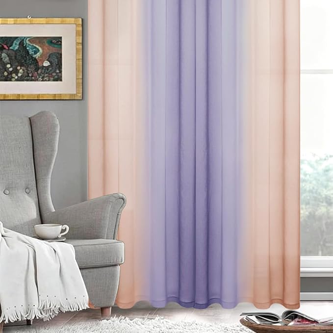 DWCN Ombre Sheer Curtains - Faux Linen Semi Voile Grommet Top Gradient Curtains for Bedroom and Living Room, Set of 2 Window Curtain Panels, 52 x 84 Inch Length(Pink and Lalic Purple