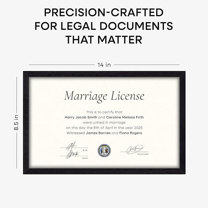 Homeforia 8.5x14 Marriage License Frame Black, High End Oak 8.5x14 Certificate Black Wood Frames, 8.5by14 Wooden Frame for Wall & Tabletop, 8.5 by 14 Picture Frames, Tempered Glass, Wall Kit, Set of 2