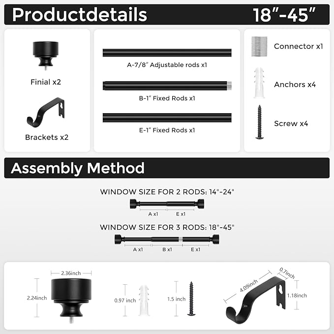 Black Curtain Rods for Windows 28 to 48 Inch(2.3-4ft), 1 Inch Diameter Heavy Duty Curtain Rod, Adjustable Decorative Drapery Poles 18-45", Matte Black