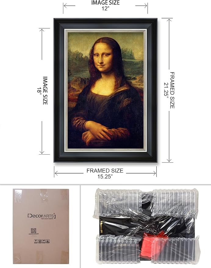 DECORARTS - Reproduction of Leonardo DaVinci's Mona Lisa. Giclee Print on Canvas. Framed Wall Art, Ready to Hang, for Home and Office Decoration. Total Size w/Frame: 15.25x21.25