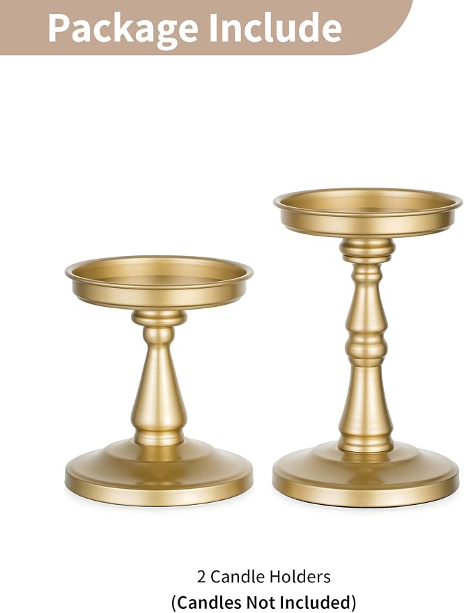 NUPTIO Large Gold Pillar Candle Holders, Set of 2 | Wide Metal Pedestals Fit up to 4-In Dia Pillars and Jars, Vintage Ornate Stands, for Dining Table Centerpieces, Mantel Decor