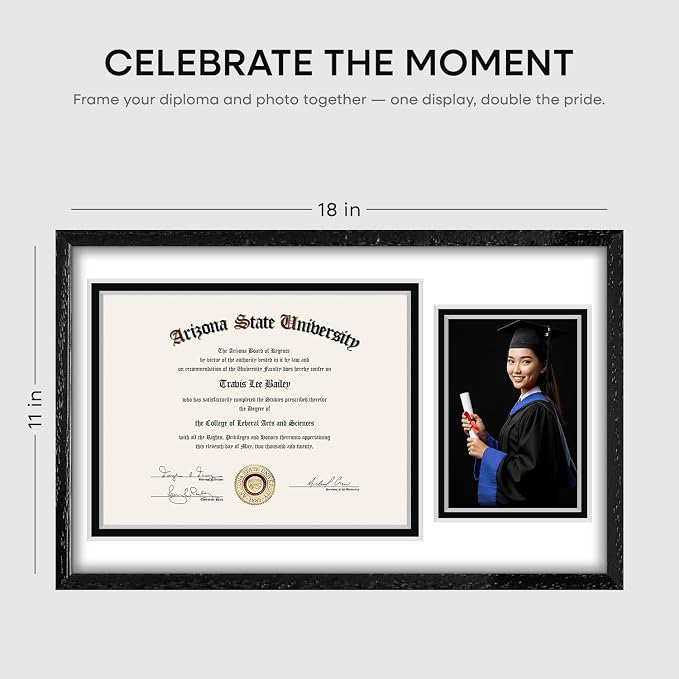 Homeforia 11x18 Black Diploma Frame with Photo, High End Oak 11 x 18 Certificate Wood Frame with Mat 8.5x11 Diploma and 5x7 Picture, 11 by 18 Wooden Document Frames, Tempered Glass, Wall Kit, Set of 2