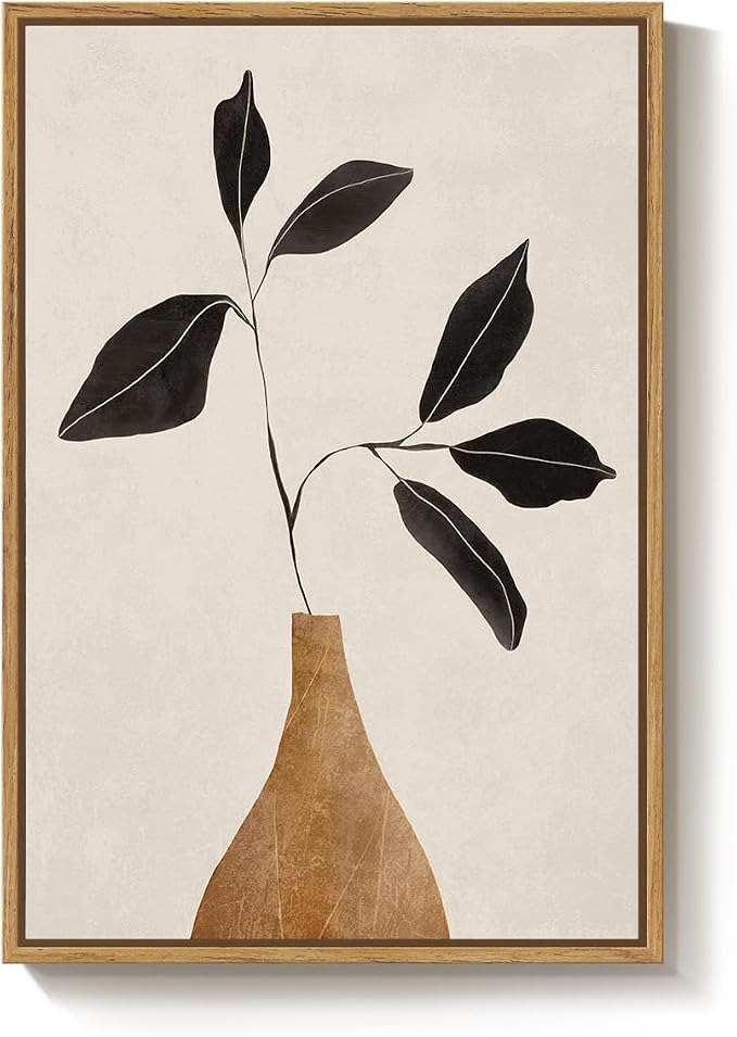 Framed Boho Abstract Neutral Floral Wall Art for Living Room, Minimalist Leaf in Brown Vase Print Canvas Artwork for Walls, Nordic Wabi Sabi Mid Century Modern Bedroom Kitchen Wall Decor, 24x36 In