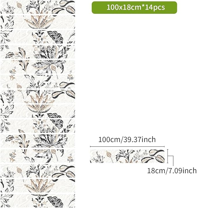 REDAMANCY Vintage White Grey Black Flower Paisley Peel and Stick Vinyl Stair Riser Decals Staircase Tile Stickers Decor Modern Marble Decoration Self-Adhesive(14 Pcs)