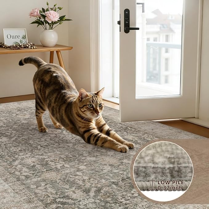 8x10 Area Rugs for Living Room: Vintage Boho Neutral Washable Rug Indoor Soft Large Area Rug Carpet for Bedroom Nursery Farmhouse Dining Room Office Floor Non-Slip Low Pile Under Table Rug Warm Taupe