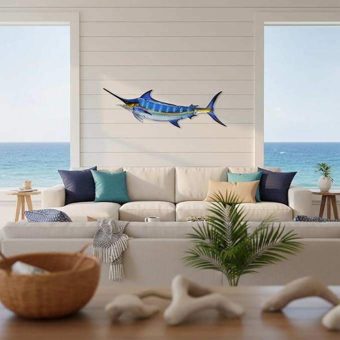 LIFFY Metal Blue Marlin Wall Decor Indoor Metal Fish Wall Art Large Fish Wall Hanging Decorations Ocean Theme Outdoor Wall Decor for Patio,Garden,Yard - 36 Inches Long