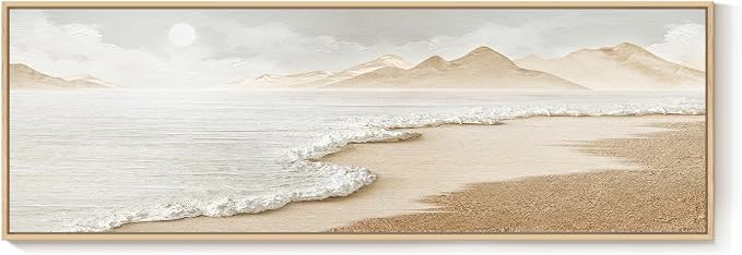 Framed Boho Coastal Beach Wall Art for Living Room, Large Neutral Ocean Canvas Artworks for Walls, Long Horizontal Abstract Minimalist Coastal Art Print for Bedroom Kitchen Office Wall Decor, 16x48 In