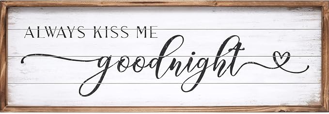 Large Above Bed Wall Decor Bedroom Sign Bedroom Decor with Solid Wood Frame for Couples, Always Kiss Me Goodnight Sign for Bedroom, Love Theme Wall Decor 42''×15''