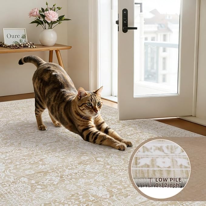 8x10 Area Rugs for Living Room: Vintage Boho Neutral Washable Rug Indoor Soft Large Area Rug Carpet for Bedroom Nursery Farmhouse Dining Room Office Floor Non-Slip Low Pile Under Table Natural Beige