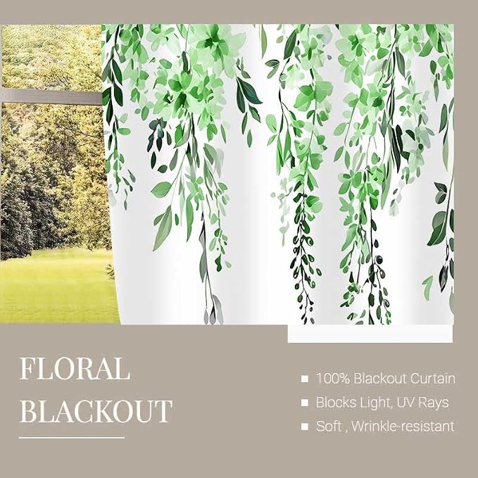 Green Watercolor Floral Curtains, Botanical Leaves Vine Flowers Curtain, Rustic Farmhouse Flower Leaf Blackout Window Treatment Drapes for Bedroom Living Room 52x96 inch, 2 Panels