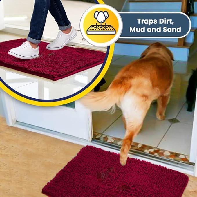 Muddy Mat® | Super Water Absorbent Door Mat Indoor, Microfiber Quick Dry Chenille Entryway Rug, Slip Resistant Front Door Mat, Indoor Mats for Entryway, Machine Washable Pet Rug, Maroon 32" x 44"