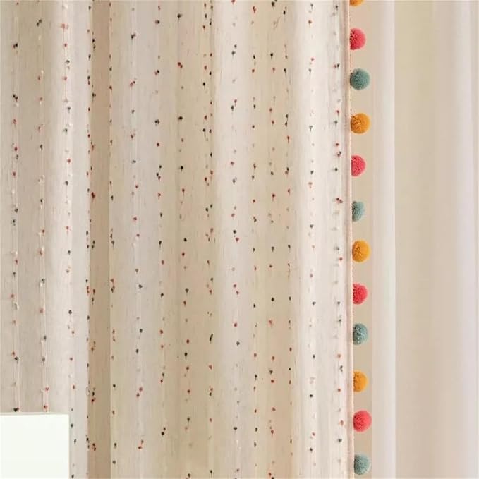 Boho Rainbow Sheer Curtain with Colorful Pom Pom Voile Drapes Faux Linen | Light Filtering Stripe Pompom Rod Pocket Window Drapes for playroom Bedroom/living room 2panels (W52 X L84 Inch-2PCS,White)
