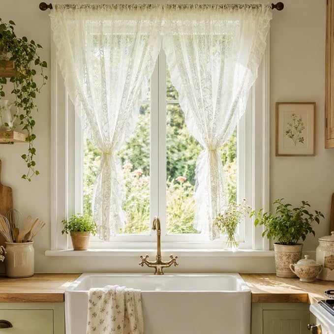 TUDECO Cream Lace Curtains 45 Inch Length, Sheer Lace Curtains Short for Kitchen Bathroom, Cute Floral Ruffled Edges, Light Filtering & Privacy Sink Curtain, 59 x 45 Inch, 2 Panels