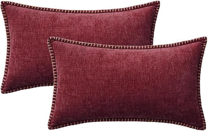 MIULEE Pack of 2 Lumbar Throw Pillow Covers 12x20 Inch Burgundy Red Farmhouse Decorative Pillow Covers with Stitched Edge Soft Chenille Solid Dyed Pillow Covers for Couch Sofa Bed Living Room