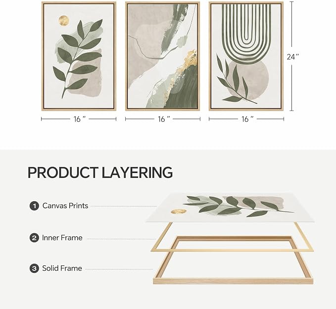 Large Framed Boho Sage Green Abstract Wall Art for Living Room, 3 Piece Leaf Botanical Canvas Artworks Decor, Minimalist Geometric Beige Gold Painting Prints for Dining Room Bedroom Office 16x24 Inch