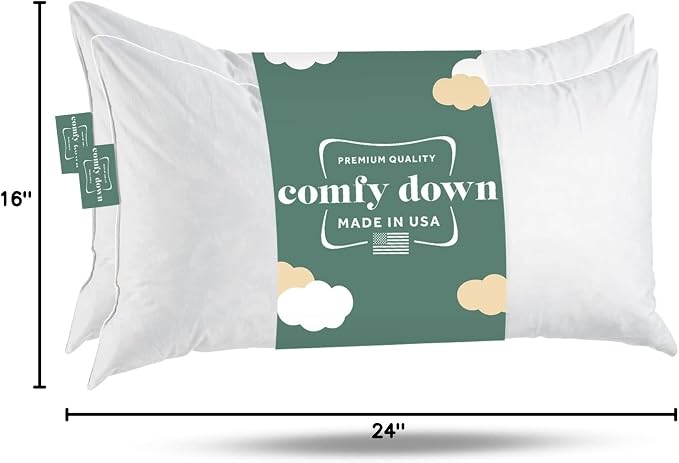 ComfyDown 16x24 Throw Pillow Inserts (Set of 2), Down & Feather Fill, 100% Cotton Cover, Made in USA – Premium Soft Lumbar Decorative Pillow Forms Sham Stuffers for Bed, Sofa & Couch