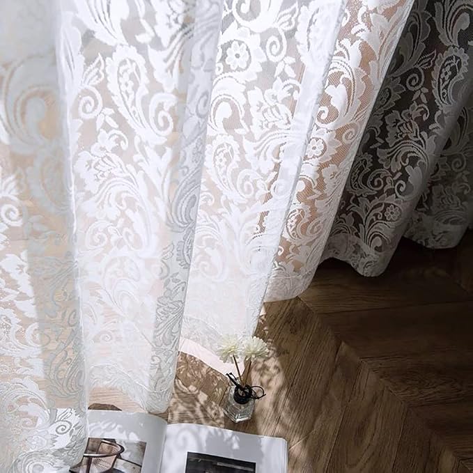 ALIGOGO 120 Inch Curtains 2 Panels - White Voile Lace Long Floor to Ceiling Curtains for Dining Room Privacy Sheer Floral Window Treatment 120 Inches Long Rod Pocket 10 Foot, 52 x 120 Inch, White
