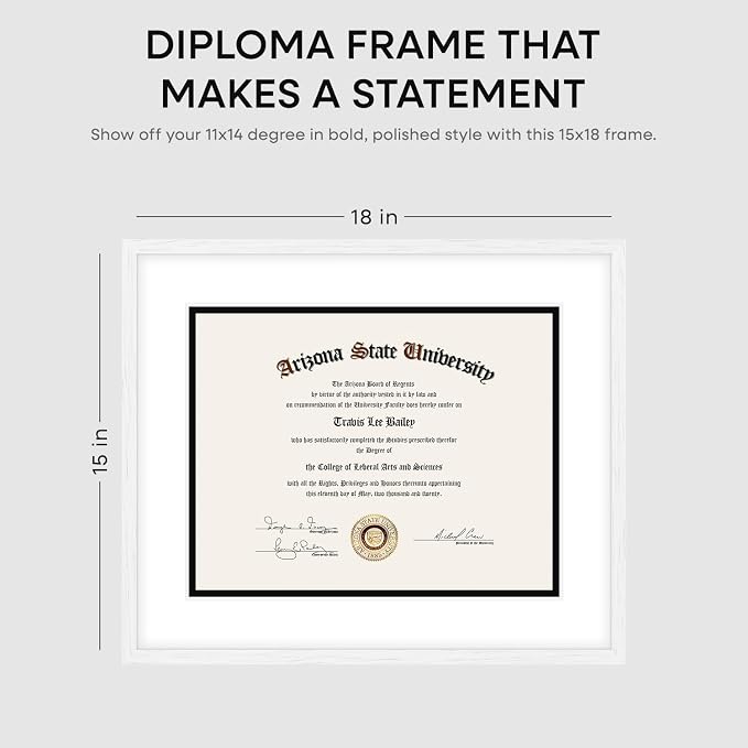 Homeforia 15x18 Diploma White Wood Frame, High End Oak 15 x 18 Certificate Frames with Mat 11 x 14, 15by15 Document Frame Matted to 11by14, Graduation Wooden Frames, Tempered Glass, Wall Kit, Set of 1