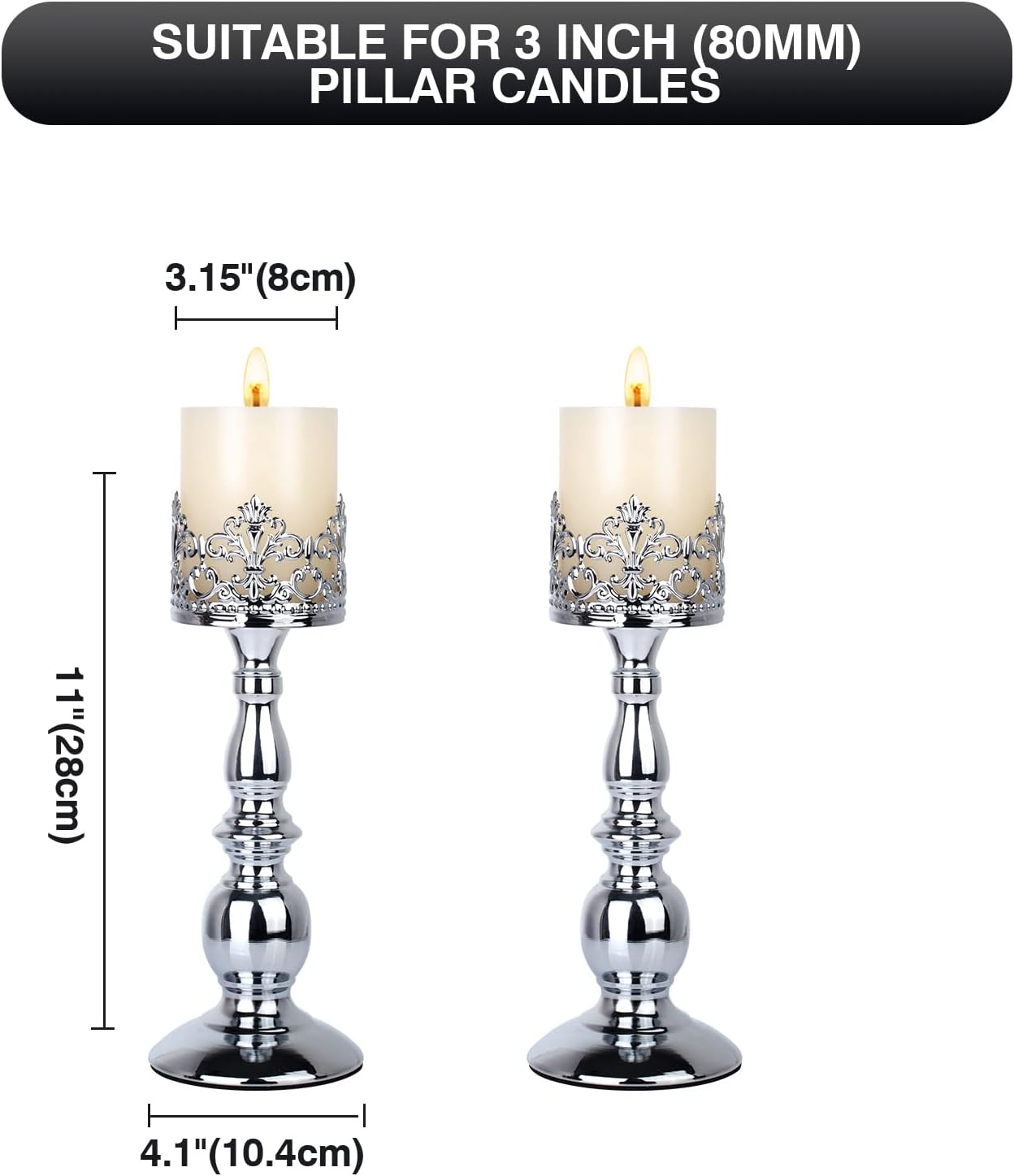 Candle Holders for Pillar Candles Gothic Matte Black Vintage Tall Candle Holders Set of 2 Decorative Large Table Centerpieces Candle Stand Decor (Silver 2PCS A)