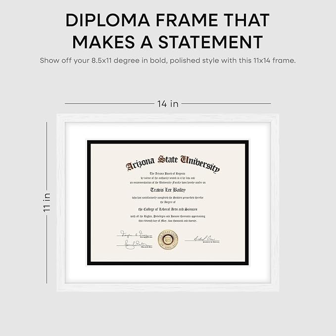 Homeforia 11x14 White Diploma Frame, High End White Oak 11 x 14 Certificate Wood Frames with Mat 8.5x11, 14x11 Wooden Document Matted Frame, Award Graduation Frames, Tempered Glass, Wall Kit, Set of 1