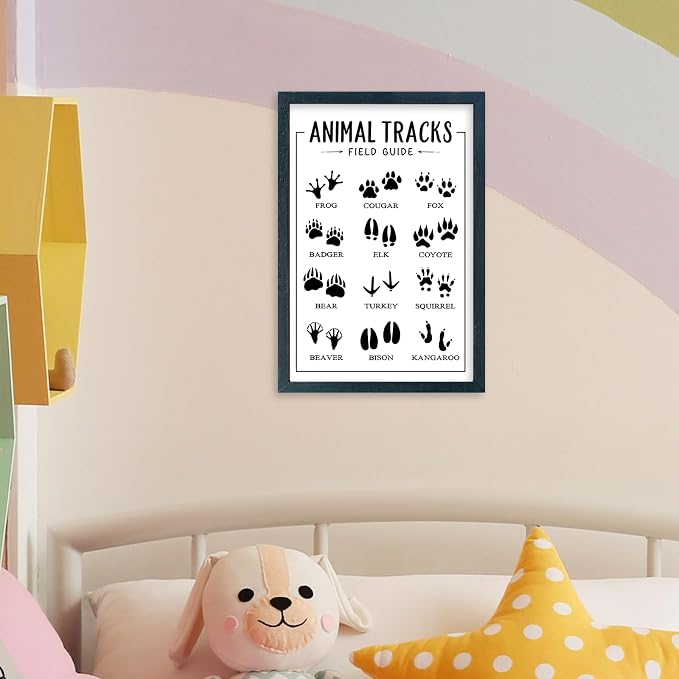 YWJKWLGS Animal Tracks Field Guide Wall Art, 11x16 Framed Kids Room Decor | Wildlife Poster, Rustic Kids Room Decor