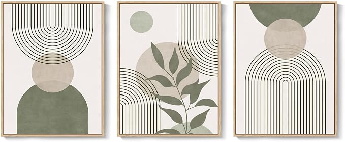 Framed Sage Green Boho Wall Art Bedroom, 3 Piece Beige Bohemian Canvas Paintings Prints Artwork for Walls, Minimalist Geometric Leaf Line Pictures for Living Room Hallway Kitchen Wall Decor, 12x16 In