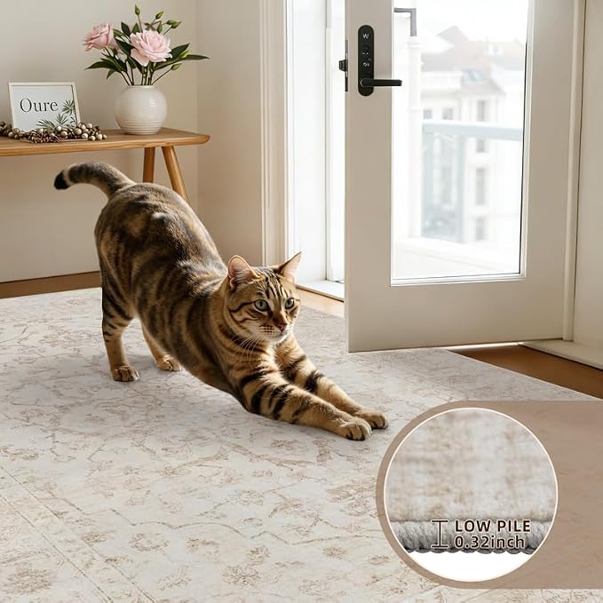 10x12 Area Rug for Living Room: Vintage Boho Neutral Washable Rug Indoor Soft Large Area Rug Carpet for Bedroom Nursery Farmhouse Dining Room Office Floor Non-Slip Low Pile Under Table Rug Warm Beige