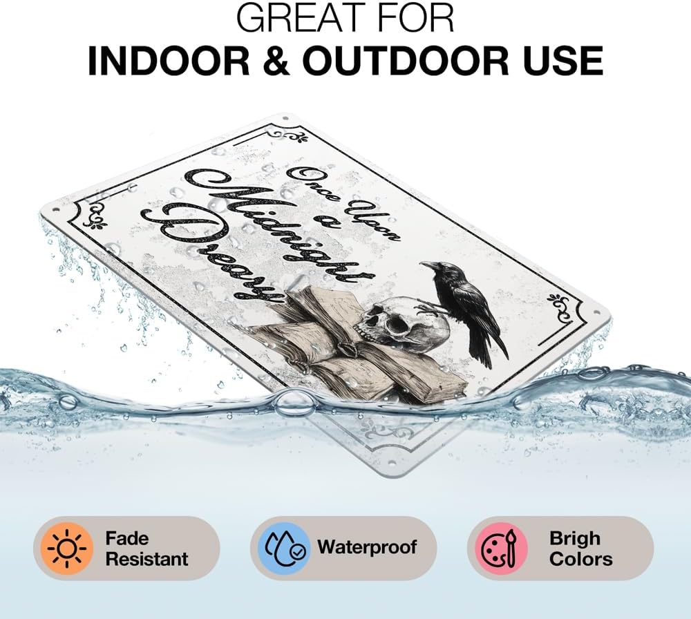 Heuhuww Vintage Gothic Wall Decor-Once Upon A Midnight Dreary Gothic Metal Sign for Home Room,The Raven, Literary Gift 8"x12"(H28)