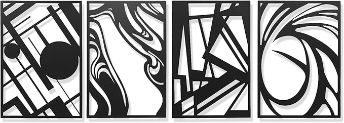 AMAATE Black Metal Wall Art, 4 Pieces Abstract Modern Line Art Sculpture, Hollowed Out Geometric & Fluid Metal Wall Hanging Decor for Living Room Bedroom Office 11" X 14.6" in