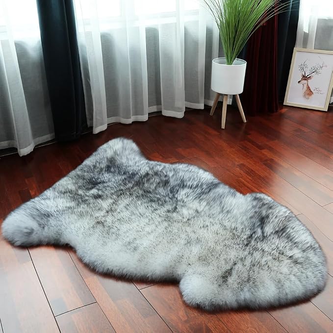 LLB Genuine Sheepskin Area Rug Wool Rug Fur Carpet Fluffy Shaggy Fur Rug for Living Room Kids Bedroom Real Sheepskin Throw Lambskin Rugs Sofa Mat Chair Seat Covers (Snow Grey, 2 x 3 ft Sheepskin)