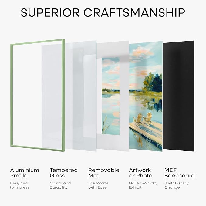Homeforia 16x20 Sage Green Picture Frame, High End Metal 16x20 Poster Frame with Mat 11x14 inch Photo, 16 x 20 Sage Green Frame Matted to 11 by 14 Art, 20x16 Frame, Tempered Glass, Wall Kit, Set of 1