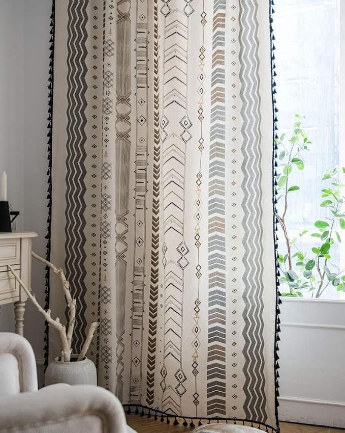ColorBird Boho Long Floor to Ceiling Curtains 108 Inches Sliding Door Curtains & Drapes for Patio Door Window 2 Panels Black and White Western Aztec Long Drapes with Tassel Rod Pocket for Living Room