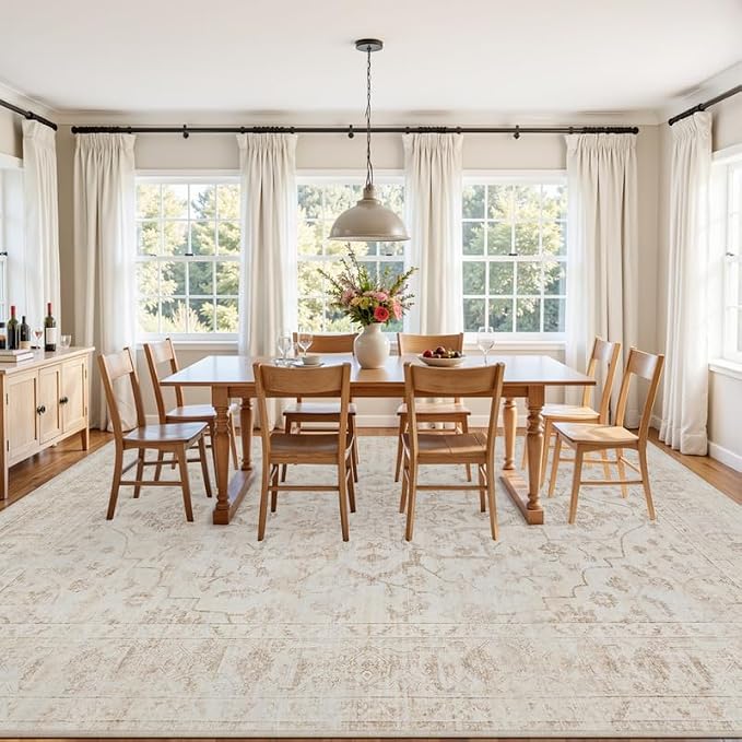 6x9 Area Rugs for Living Room: Vintage Boho Neutral Washable Rug Indoor Soft Large Area Rug Carpet for Bedroom Nursery Farmhouse Dining Room Office Floor Non-Slip Low Pile Under Table Rug Warm Beige