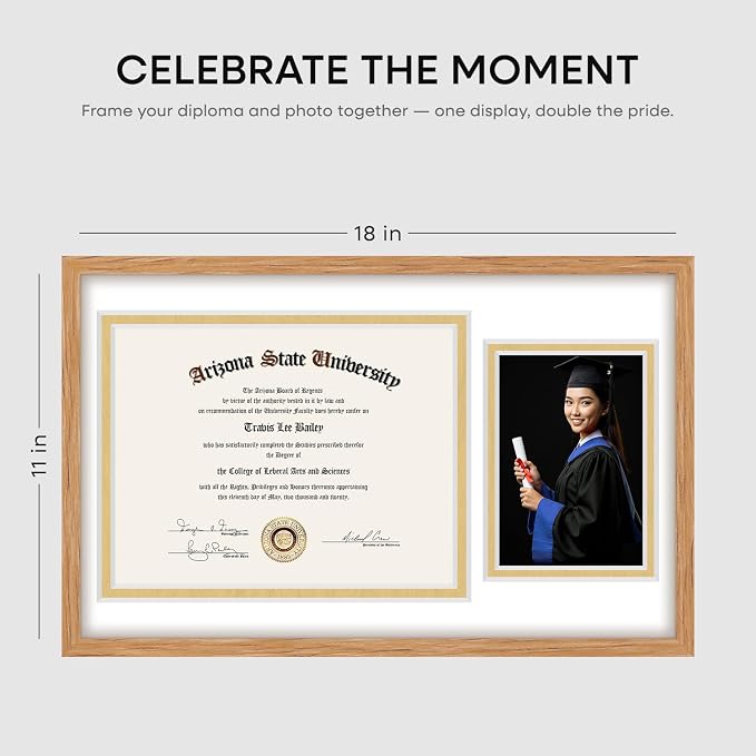Homeforia 11x18 Diploma Frame with Photo, High End Natural Oak 11 x 18 Certificate Wood Frames with Mat 8.5x11 Diploma and 5x7 Picture, 18x11 Wooden Document Frames, Tempered Glass, Wall Kit, Set of 2