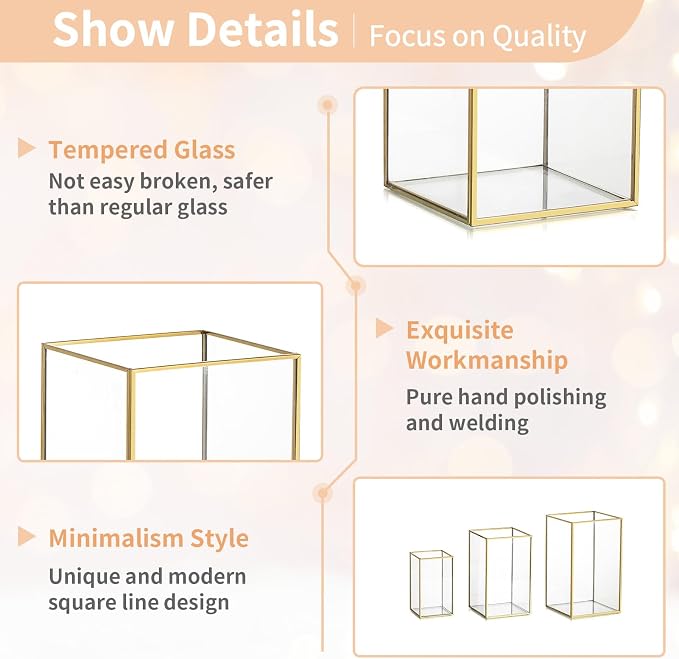 NUPTIO Candle Lantern for Wedding Centerpiece: 18 Pcs Clear Hurricane Glass Pillar Candles Holder with Gold Frame Bulk Decorative Candle Lanterns for Christmas Dining Table Decor 8.1 & 6.5 & 4.7 inch | Clear Hurricane Pillar Candles Holder with Gold Fr...