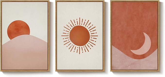 Framed Sun and Moon Boho Wall Art Bedroom, 3 Piece Abstract Minimalist Terracotta Canvas Painings Prints Artwork for Walls, Mid Century Modern Bohemian Pictures for Living Room Office Wall Decor, 16x24 Inch