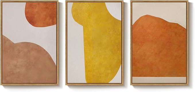 Framed Abstract Orange Wall Art Bedroom, 3 Piece Mid Century Modern Minimalist Yellow Canvas Artwork for Walls, Large Geometric Boho Neutral Pictures Prints Wall Decor Living Room Office, 16x24 Inch