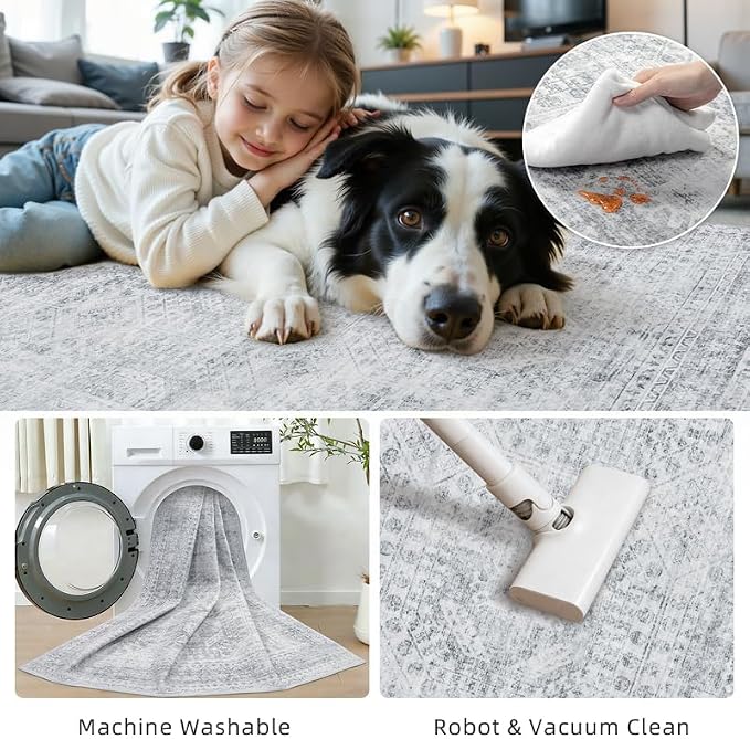 Round Area Rug for Living Room: 6ft Vintage Boho Neutral Washable Circle Rug Soft Large Circular Carpet for Bedroom Nursery Farmhouse Dining Room Office Floor Non-Slip Low Pile Under Table Rug Gray