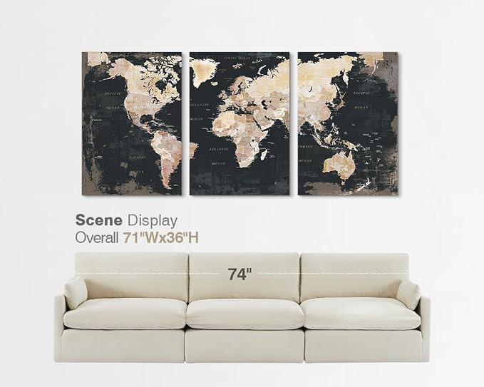 Office Wall Art for Living Room Bedroom Framed Black Vintage World Map | Large Pictures Wall Decor for Mens Male Home Apartment Masculine Decoration Motivational Artwork