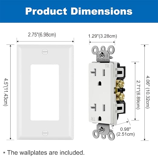 BESTTEN 10 Pack 20 Amp Decor Wall Receptacle Outlet, 20A Tamper-Resistant (TR) Electrical Outlet with Wall Plate, Residential and Commercial Use, UL Listed, White