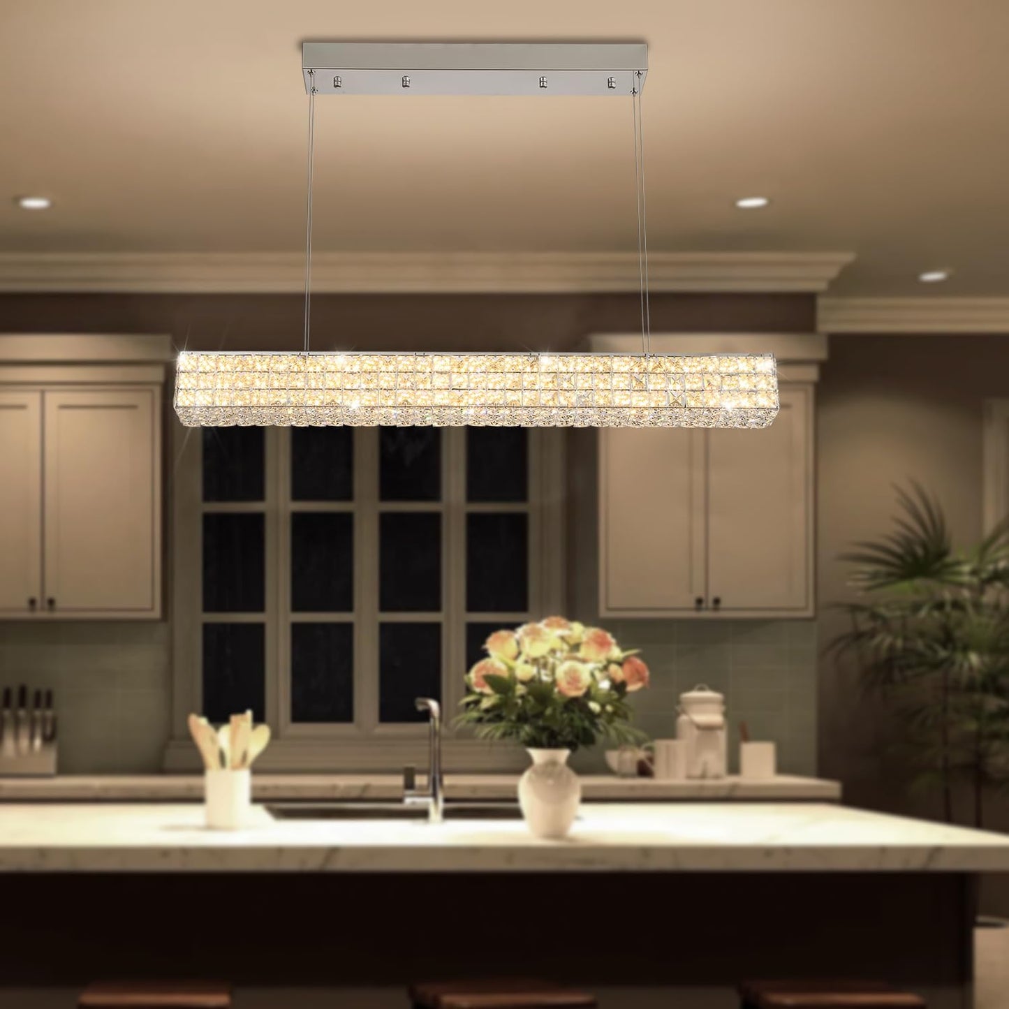 Modern Crystal Chandelier Silver Rectangular Crystal Chandelier Contemporary Linear Pendant Ceiling Light Fixture for Living Dining Room Kitchen Island (L 40")