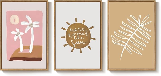 Framed Pink Brown Boho Wall Art Bedroom, 3 Piece Summer Neutral Palm Tree Canvas Prints Artwork for Walls, Tropical Coastal Botanical Sun Paintings for Bathroom Nursery Girl Room Wall Decor, 16x24 In