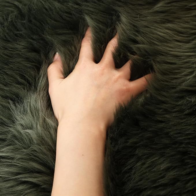 LLB Genuine Sheepskin Area Rug Fur Carpet Fluffy Shaggy Fur Rug for Living Room Kids Bedroom Real Sheepskin Throw Lambskin Aesthetic Rugs Sofa Mat Chair Seat Covers (Dark Green, 2 x 6 ft Sheepskin)