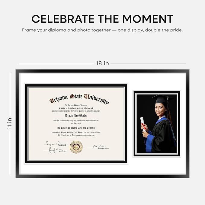 Homeforia 11x18 Black Diploma Frame with Photo, High End Metal 11 x 18 Certificate Frame with Mat for 8.5x11 Diploma and 5x7 Picture, 11by18 Award Graduation Frames, Tempered Glass, Wall Kit, Set of 2