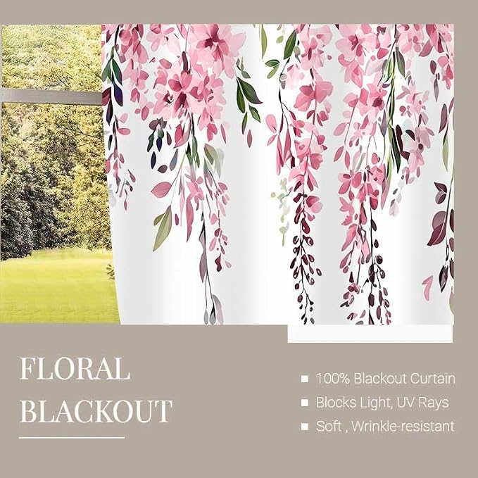Pink Watercolor Floral Curtains, Botanical Leaves Vine Flowers Curtain, Rustic Farmhouse Flower Leaf Blackout Window Treatment Drapes for Bedroom Living Room 52x96 inch, 2 Panels